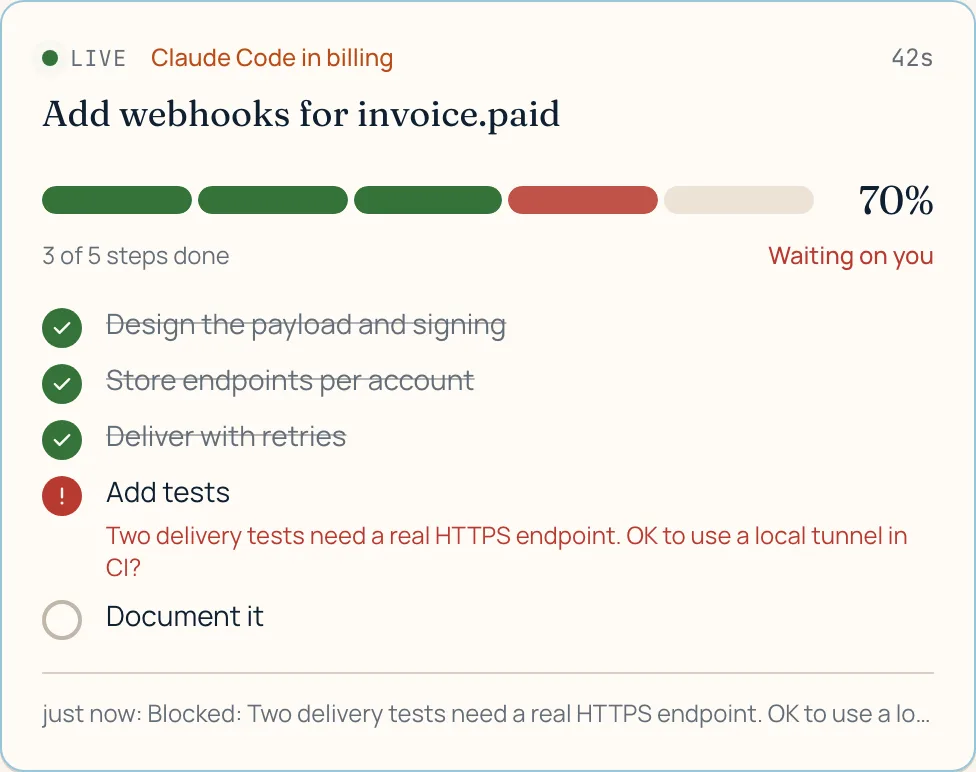A task card in progress: agent name, a progress bar split by step, the running step and an estimate of time left.