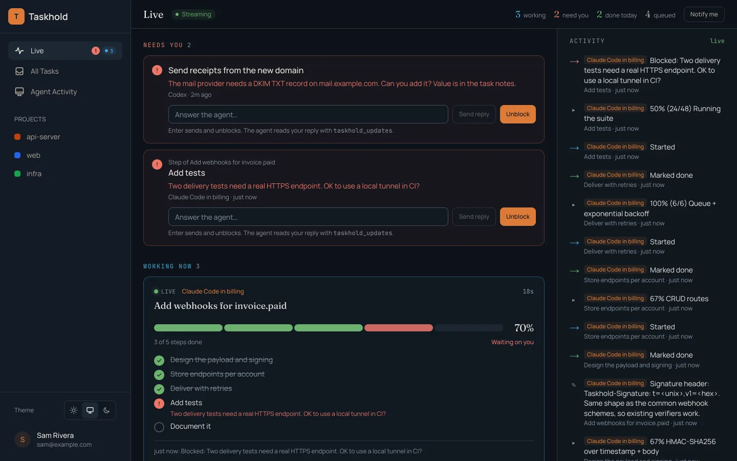 The same live board in dark mode.