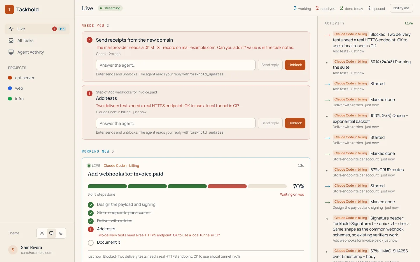 Taskhold live board: an agent's task with a five-step progress bar, the step it's on, and a question waiting for your answer.